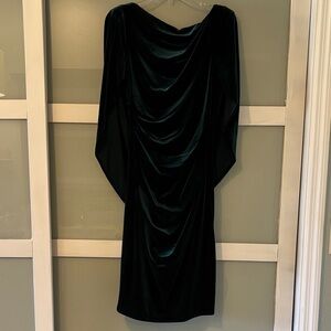 Draped Velvet Long-Sleeve Dress in Dark Green